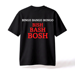 Czarna koszulka Bingo Bango Bongo, widok nadruku Bish Bash Bosh na plecach