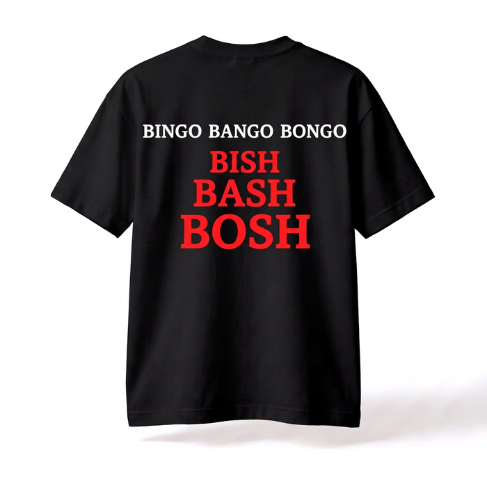 Czarna koszulka Bingo Bango Bongo, widok nadruku Bish Bash Bosh na plecach