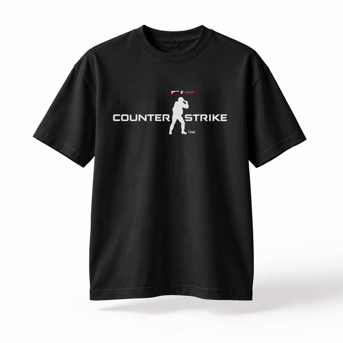 Czarna koszulka Counter-Strike I tried, przód z nadrukiem